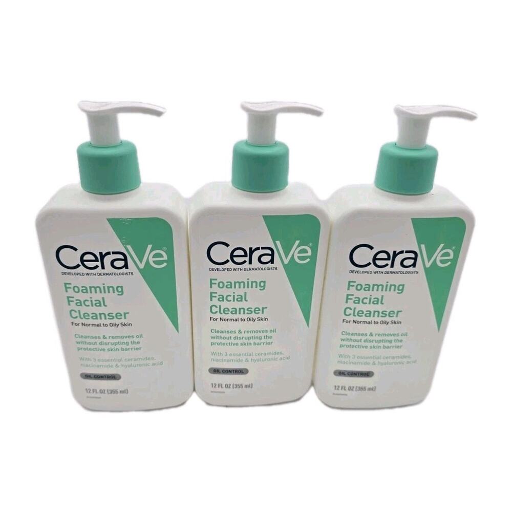 CeraVe Daily Face Wash, Foaming Cleanser for Normal to Oily Ski ,12 fl oz 3 pack